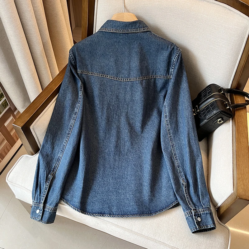 Slimming High Waist Denim irt Women's Loose Long Sve Turn-down Collar Double ket Single Button Autumn New Arrival