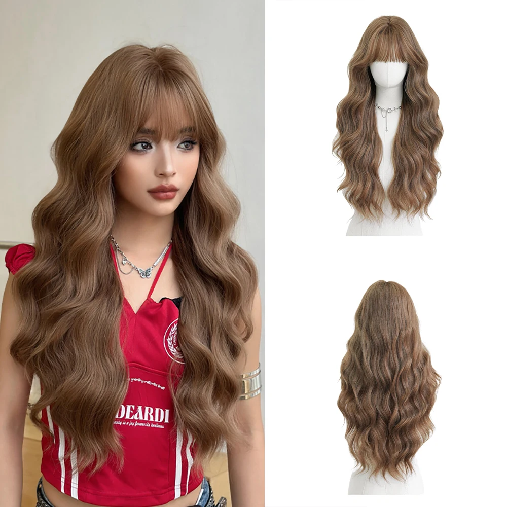 شعر مستعار اصطناعي طويل مجعد مع غرة ذهبية وبنية، شعر مستعار رقيق ومقاوم للحرارة مناسب للحفلات اليومية النسائية