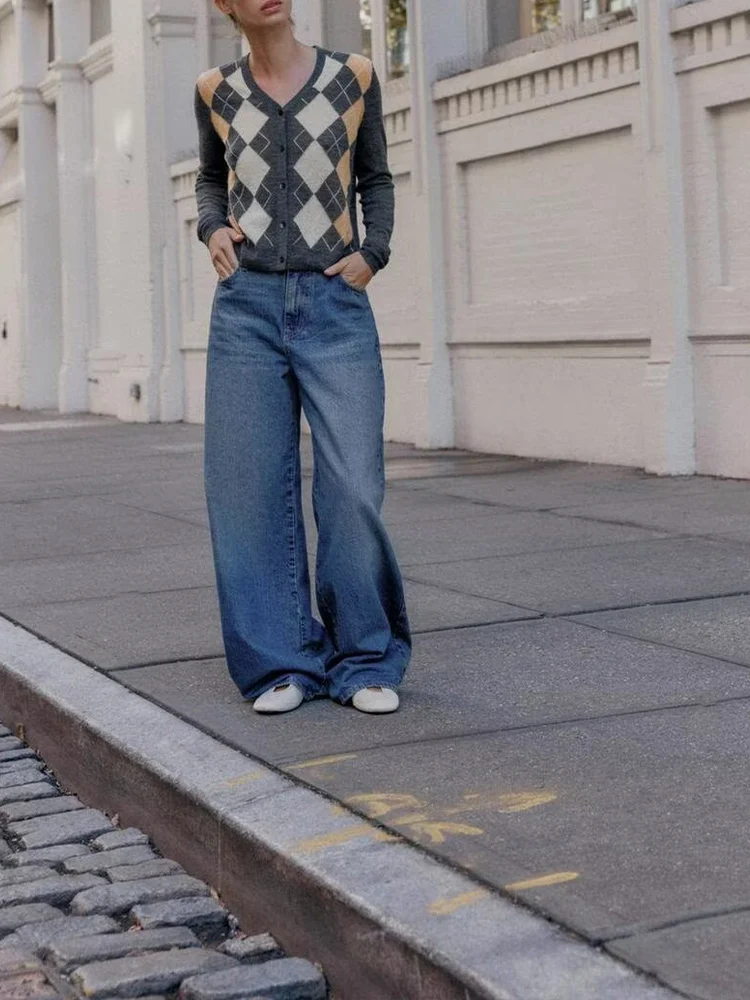 

Новый женский модный универсальный темпераментный повседневный вязаный кардиган с v-образным вырезом и длинными рукавами и ромбовидным узором в европейском стиле