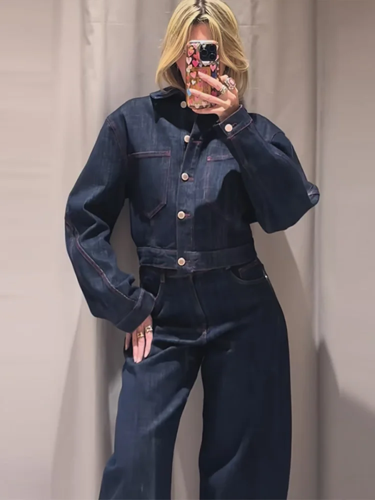 Heart Printed Denim Coat Pant Suits Women Single-breasted Lapel Cropped Jacket High-waist Wide-leg Trouser New Lady Outwear