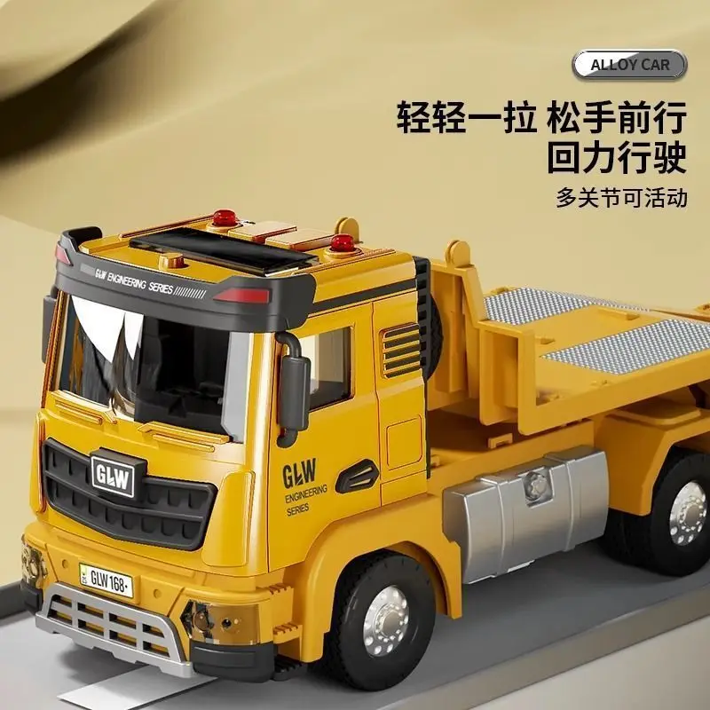 Zabawka dla chłopców: model koparki, pojazd budowlany z dźwiękiem i światłem, napędem pull-back, duża platforma transportowa, przyczepa dla dzieci, wykonany ze stopu.