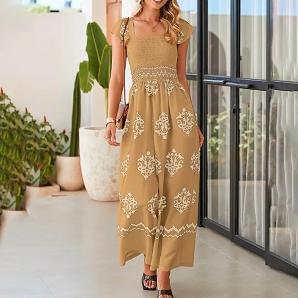 Macacão boêmio feminino verão retro impresso capa mangas moda bolsos de cintura alta macacão de perna larga feminino 2025