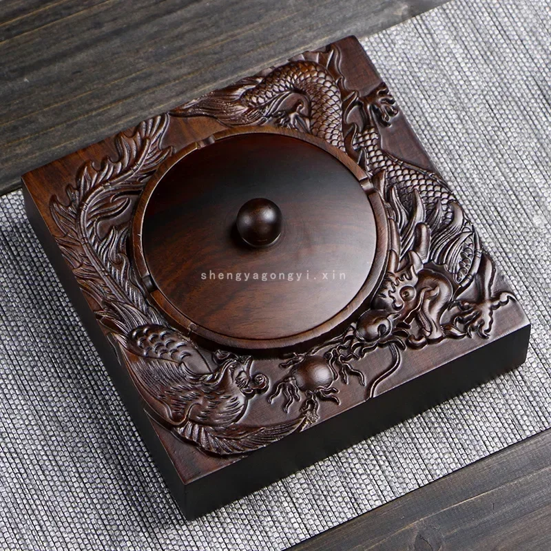 2021 new home life ebony wood ashtray creative retro Chinese household large ash-proof wooden square ashtray with lid