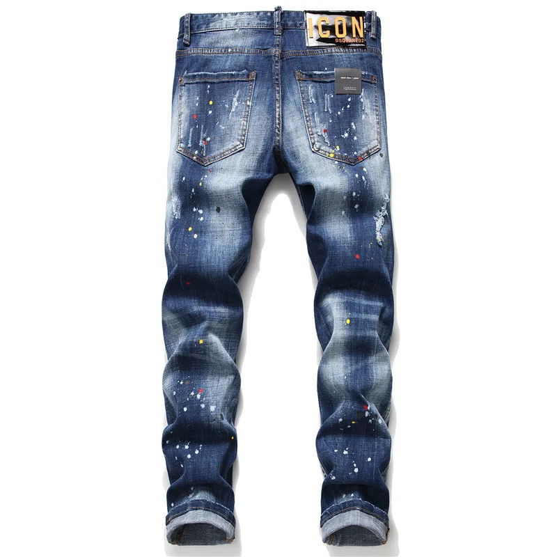 Autumn and winter new tattered splashed paint men's slim-fitting patch elastic D2 jeans blue tight beggar pants 1059