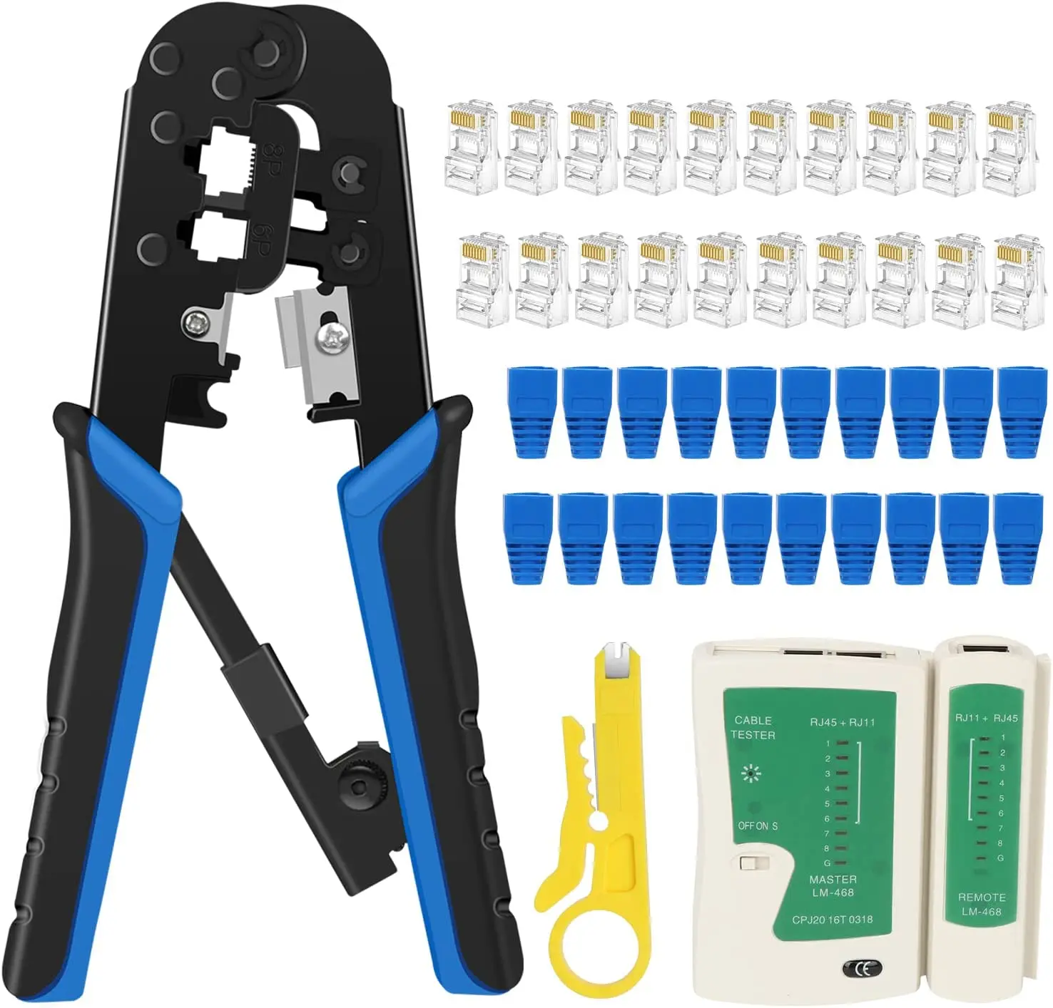 

RJ45 Crimping Tool Kit Ethernet Crimp Tool Set, RJ-11, 6P/RJ-12, 8P/RJ-45 Crimp, Cut and Strip Tool,Network Cable Tester