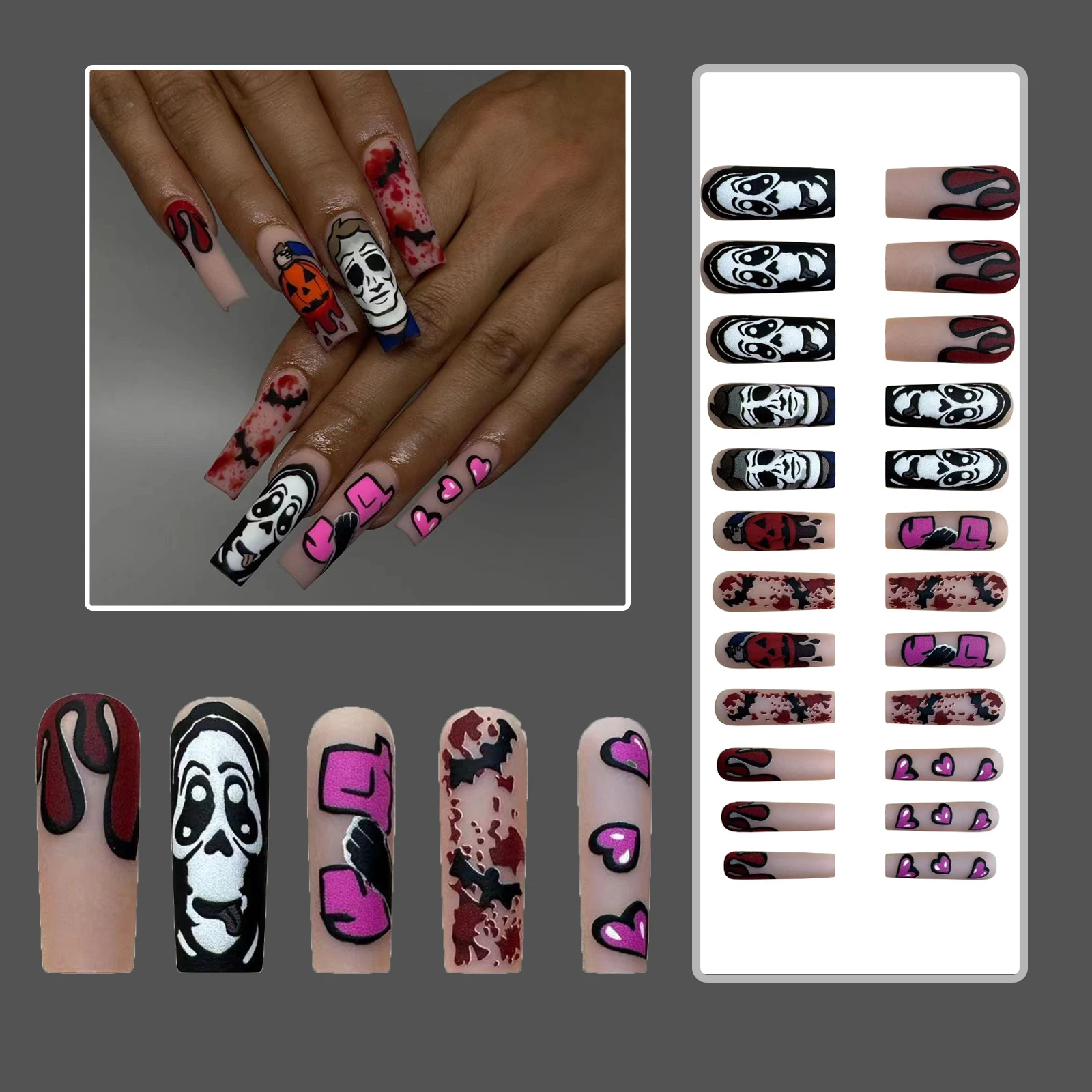 24pcs Halloween Easter Press on Nails Skull Pumpkin Head Heart-shaped Element Tube Shape False Nails Detachable Nail Art