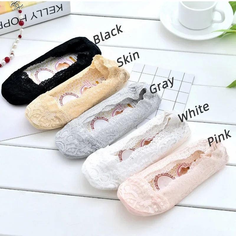 5 Pairs/Lot Women\'s Slippers Socks Invisible Boat Mesh Lace Thin Short Socks Female Summer Ankle Silicone No Show Socks Non-slip