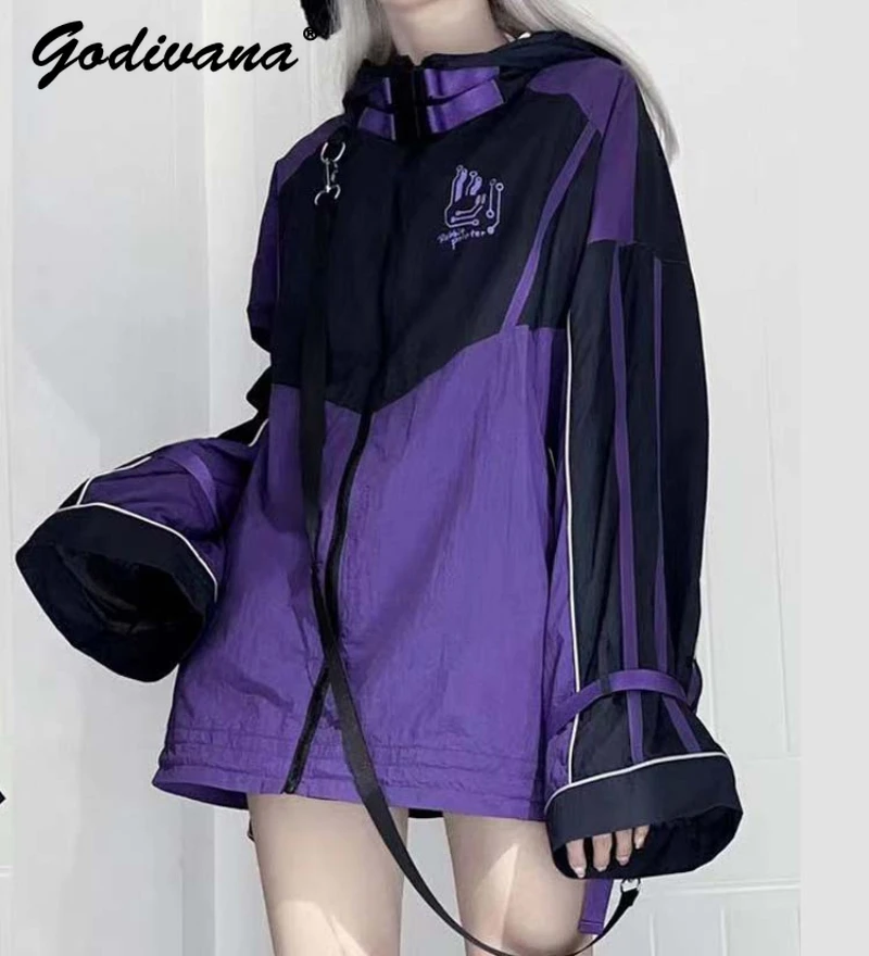 Y2K Japanese Sweet Cool Purple Women\'s Sports Jacket Autumn New Loose Slimming Zipper Cardigan Hooded Mine Style Hoodie Coat