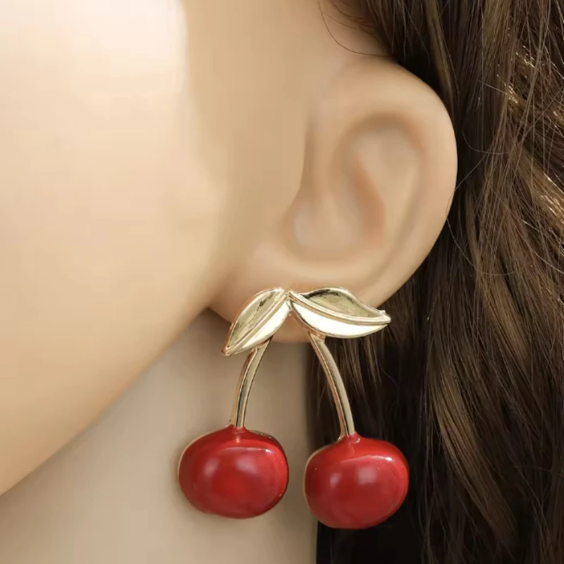 1 Pair of Fashionable and Creative Red Color Cherry Earrings Ladies' Sweet Temperament Holiday Party Jewelry Gift