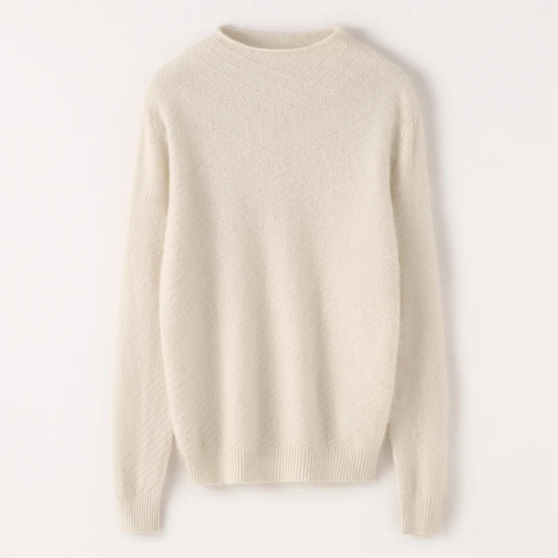 

Women's Curled Mock Neck 100% Mink Cashmere Sweater Pullovers Twill Long Sleeve Solid Knitwear Autumn Winter Female Clothing Top