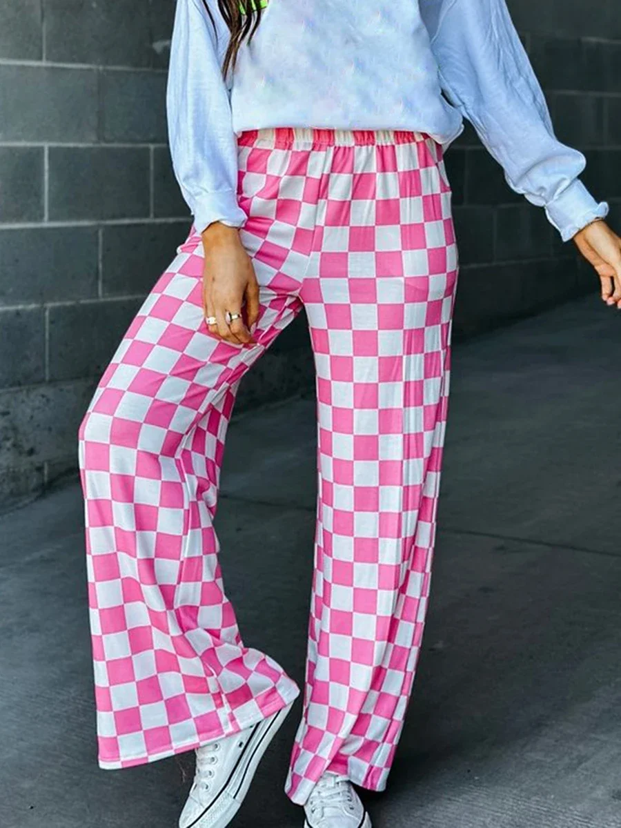 

Wide-Leg Pants for Women Checkerboard Elastic Waist Loose Trousers Spring Summer Casual Sweatpants Bottoms 2000s Streeewear