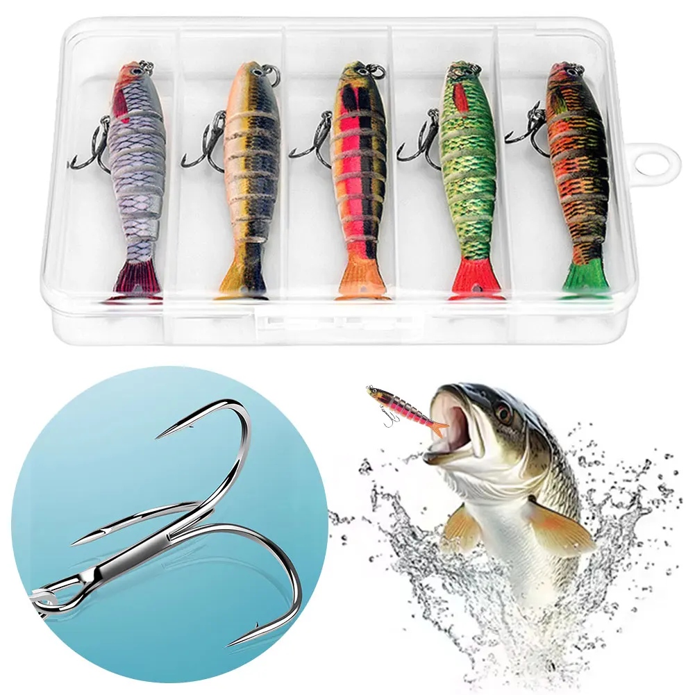 5 قطعة طعوم سباحة متعددة المفاصل مع خطافات ثلاثية متعددة الأقسام طعم صلب غرق المتذبذب طعوم صيد السمك لسمك السلمون المرقط بايك باس