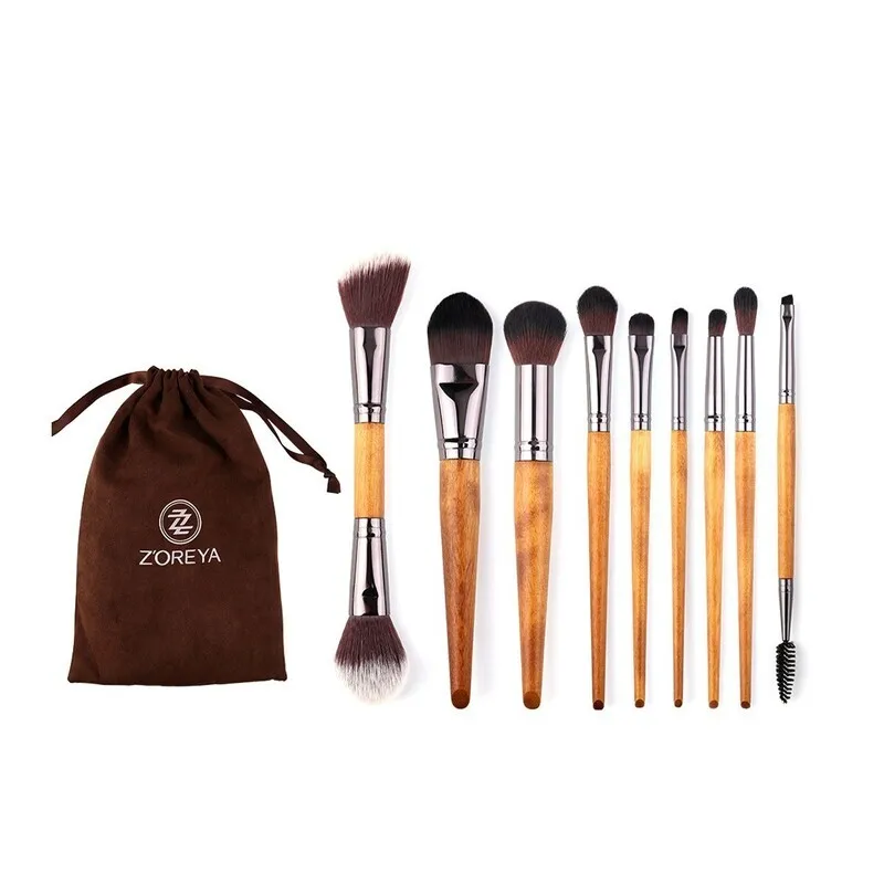 ชุดแปรงแต่งหน้าไม้วอลนัท 9 ชิ้น ยี่ห้อ Zoreya สำหรับคอนซีลเลอร์ ไฮไลท์ แป้งฝุ่น บลัชออน และอายแชโดว์