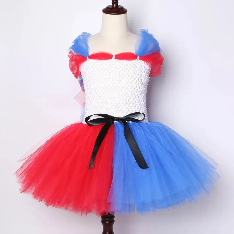 Girls' Royal Blue & Red Clown Tutu Dress,  Kids' Carnival & Halloween Clothing,  Clown Stage Outfit Set, Princess Party Gown