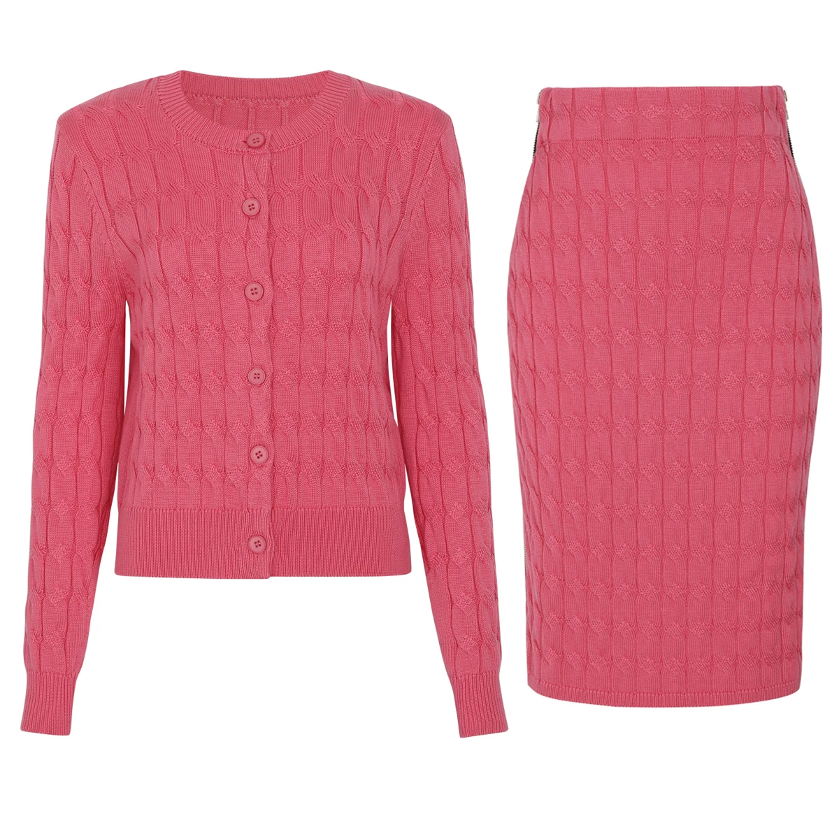 2697 Summer Women 2 Piece Set Knitted Long Sleeve Top Zipper Design High Waist Hip Wrapped Skirt Elegant Commuter Outfit
