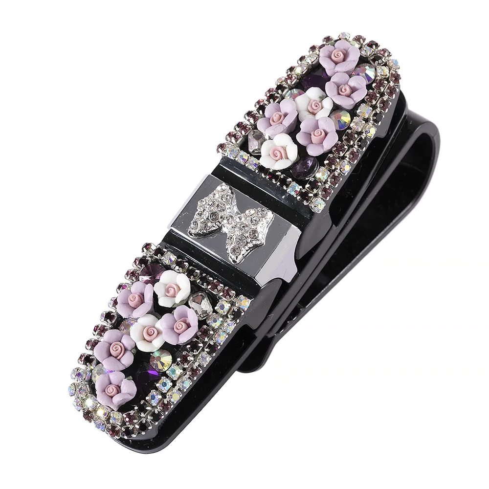 Sun Visor Mount Sunglasses Clip Holder Rhinestone Bracket Portable Sunglasses Car Crystal Clip Decoration Accessories B5