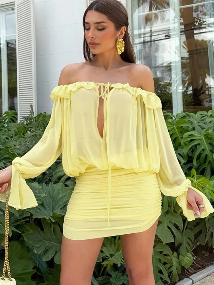 Oniflyme Flare Sleeve Off Shoulder Mini Dress Women Sexy Ruffles Slash Neck Hollow Out Backless Bodycon Robes Slim Party Dresses