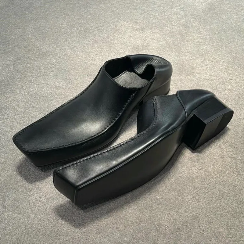 

Brand Designer Shoes Women Retro Square To Pumps Leather Shoes Female Shallow Low Heel Mules Fashion Street Style Loafers Women