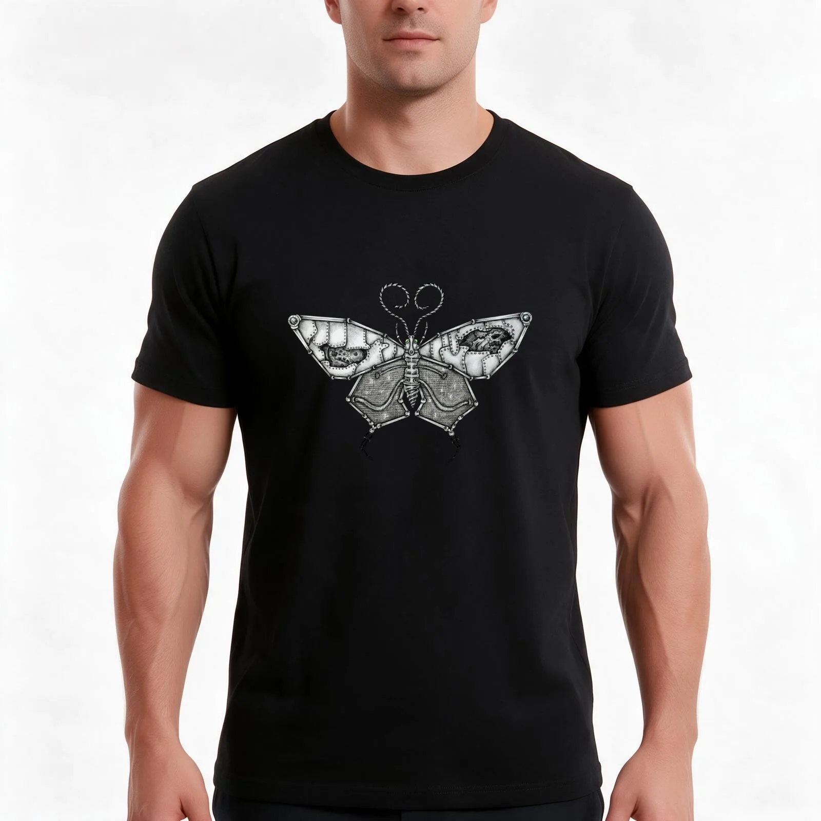Steampunk Butterfly T-Shirt, Summer Casual Cotton Tee, Oversized Streetwear Tops, Vintage Graphic Print, Loose Fit Short Sleeve