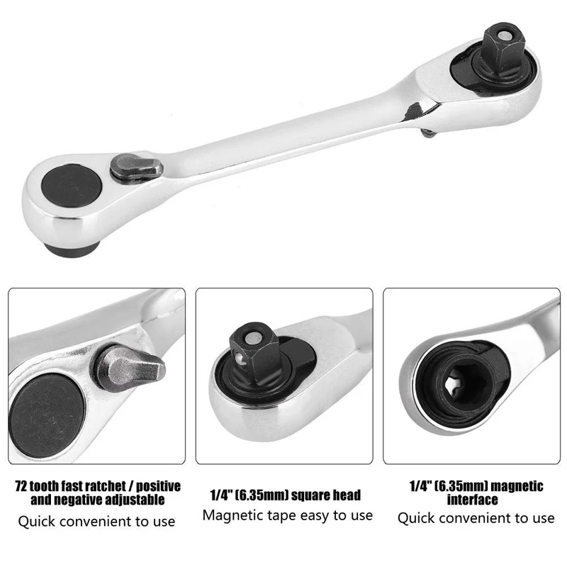 Mini Ratchet Handle Wrench, Dupla face, Tomada Rápida, Rod Hex Torque, Chave De Fenda De Mão, Ferramentas De Reparo De Bit, 1/4