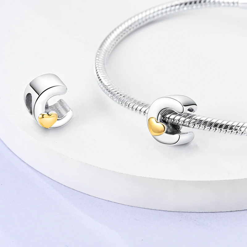 New 925 Sterling Silver Cute Gold Lucky Heart 26 Letter Series Charms Beads Fit Pan Original Bracelets DIY Gifts Fine  Jewelry image 4