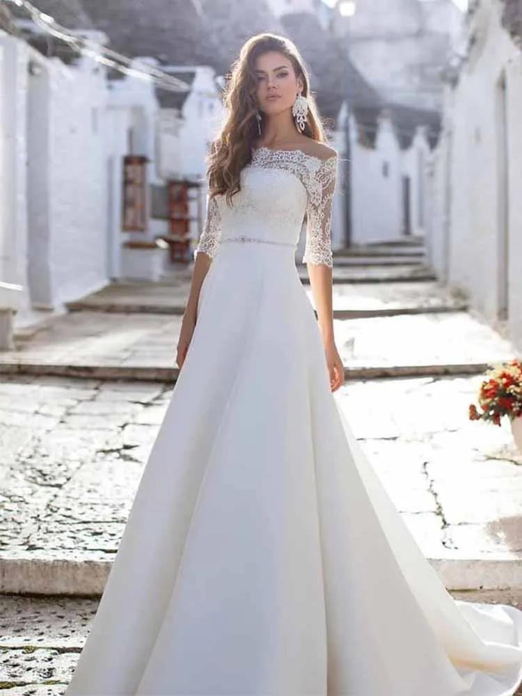 Classic Church Wedding Dresses Jersey A-line Wedding Party Dresses Ivory Off-the-shoulder Lace Belt Button Hall Wedding Dresses