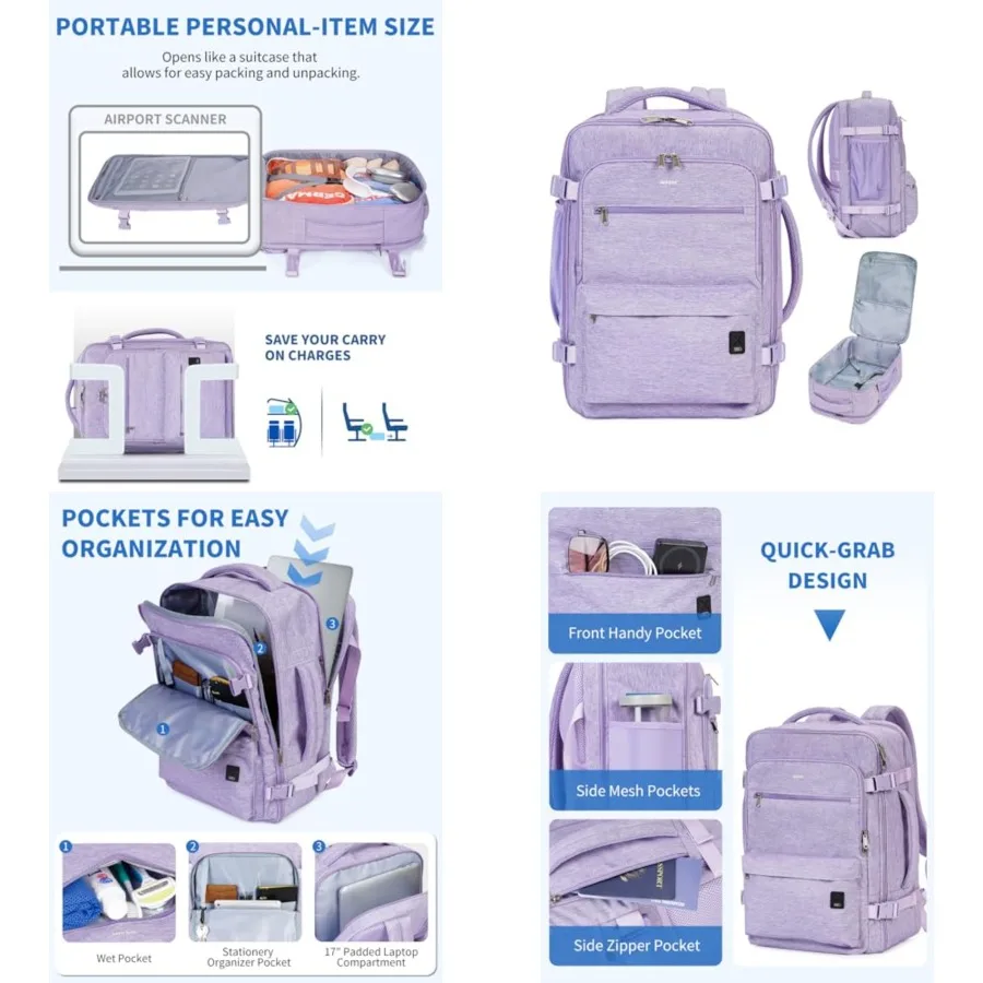 

Travel Backpack For Spirit Airlines Personal Item Bag 18x14x8 with Wet Pocket, 17 Inch Laptop Backpack for Men Women Purple