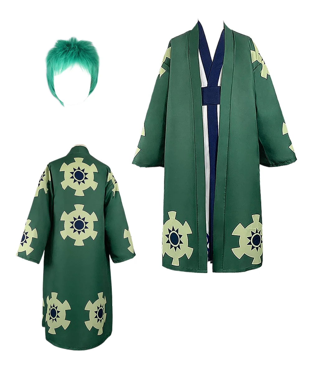 

Anime Roronoa Zoro Cosplay Green Kimono Coat Roronoa Zoro Wig Men's Suit Halloween Costume