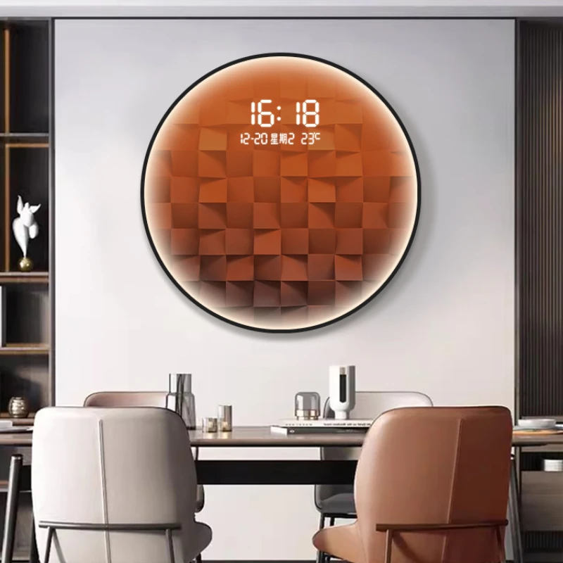 Light luxury gradient square living room decorative painting with LED wall clock restaurant creative light hanging picture clock