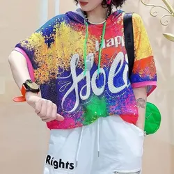 Female Clothing Contrasting Colors T-shirt Streetwear Letter Summer Stylish Hollow Out Casual Hooded Drawstring Loose Pullovers