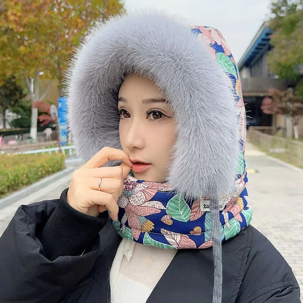 الدفء يندبروف 3 في 1 الشتاء الدراجات قبعة زهرة طباعة منقوشة وشاح دافئ قناع الوجه سميكة الرقبة أدفأ لي فنغ قبعة النساء #2