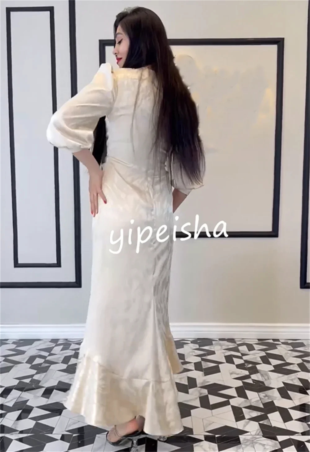 تخصيص رائعة كشكش البوق الخامس الرقبة فساتين متوسطة الطول فساتين السهرة الرسمية عارضة بسيطة الرجعية أزياء أنيقة رائعة سبا #2