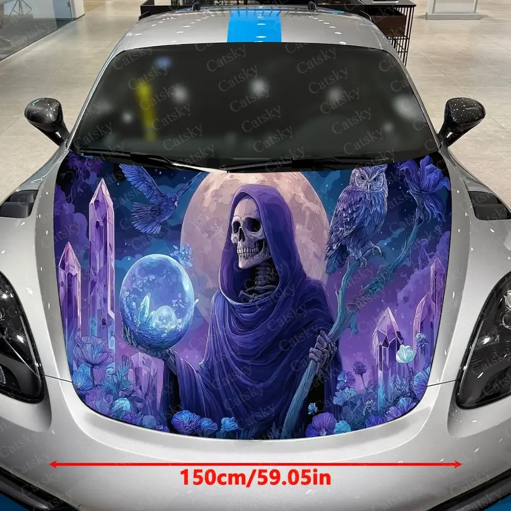 Hooded Skeleton in Purple Moon Crystal Realm Car Vinyl Wrap, PVC Material Waterproof Car Hood Sticker, Self-Adhesive Scratch-Res