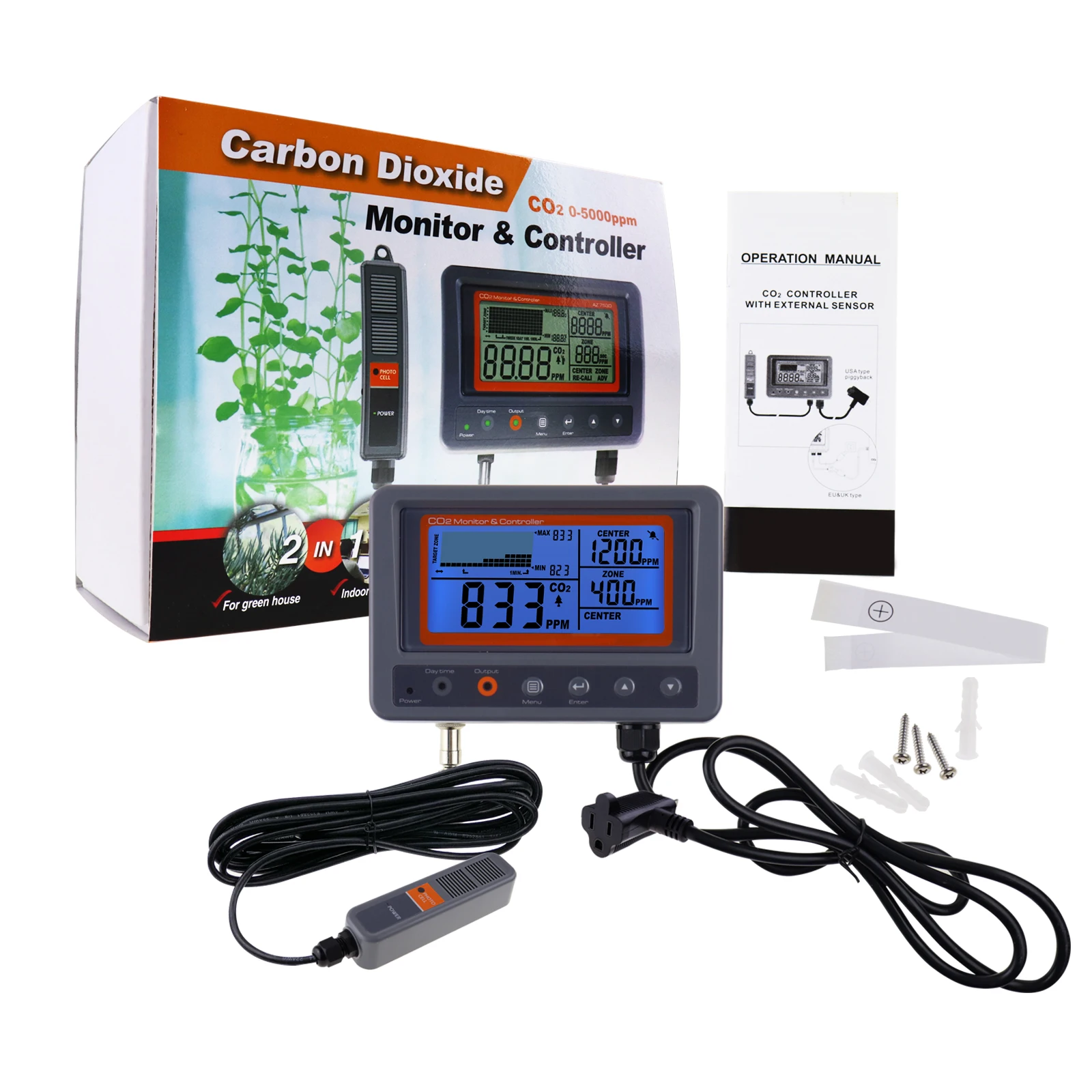 Digital CO2 Carbon Dioxide Monitor Controller & Sensor w/ Relay Function, NDIR Sensing Probe for Greenhouse, Mushroom  Farm