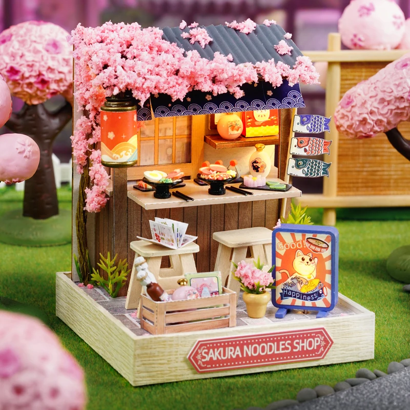 

DIY Wooden Mini Casa Doll Houses Miniature Building Kits with Furniture LED Sakura Noodles Shop Dollhouse Toys for Friends Gifts