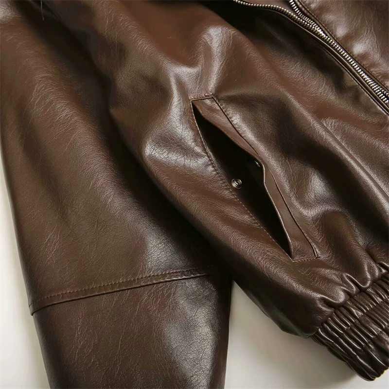 Keyanketian outono nova lapela feminina manga comprida zíper frontal jaqueta piloto de couro falso jaqueta à prova de vento