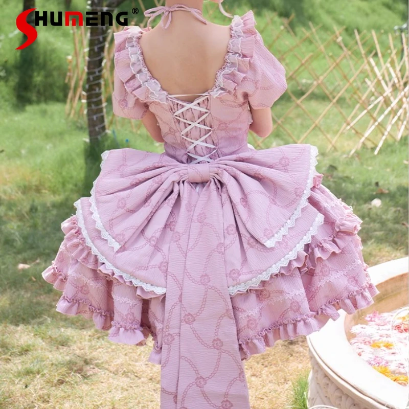 

Sweet Princess Style Pink Halter Dress Summer Girls Women High Waist Slim Elegant Bow Trailing Tea Party Lolita Short Dresses