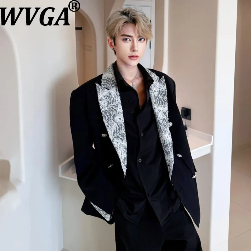 

WVGA Spring Autumn New Men Tide Turn-Down Collar Blazer Niche Chic Casual Lace Patchwork Trendy Shoulder Padded Suit Coat W16194