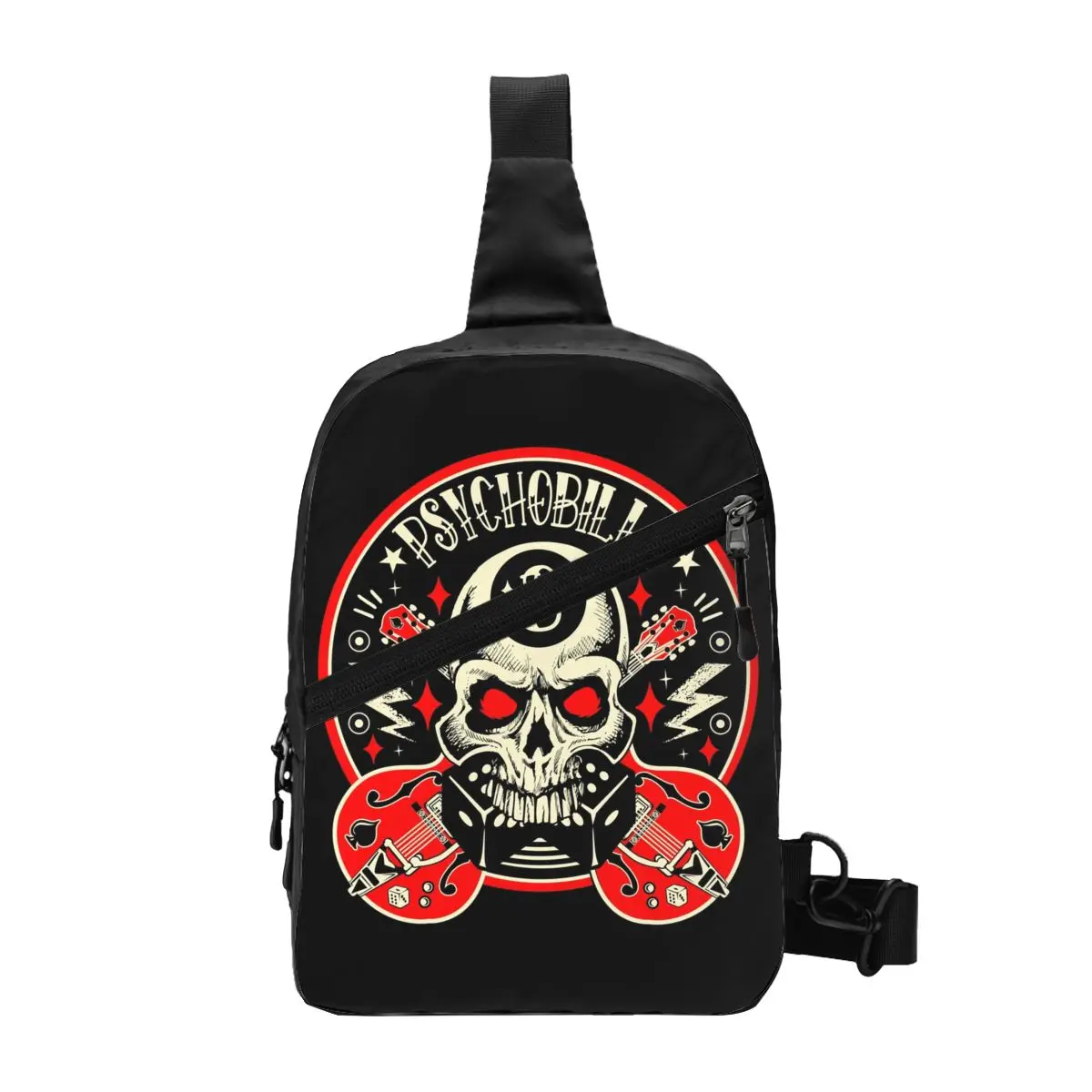 

Rock Skull Bikers Vintage Rockers Rockabilly Guitars Sling Crossbody Chest Bag Men Fashion Shoulder Backpack for Camping Biking