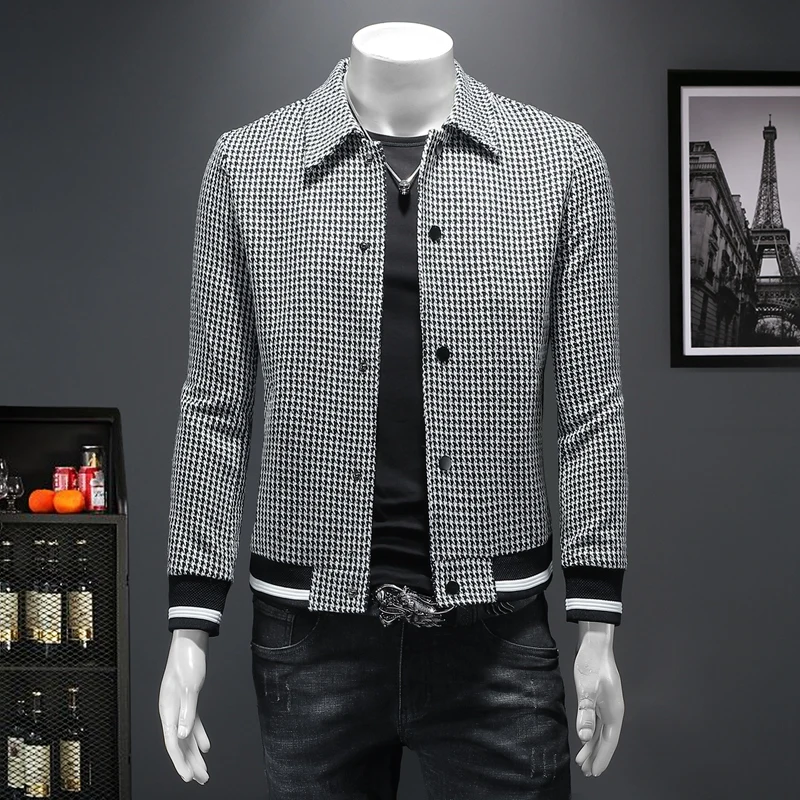 

Korean Fashion Jacket Men's Spring New High Quality Flip Collar Thousand Bird Checker Jacket Men's Fashion Coat M-4XL