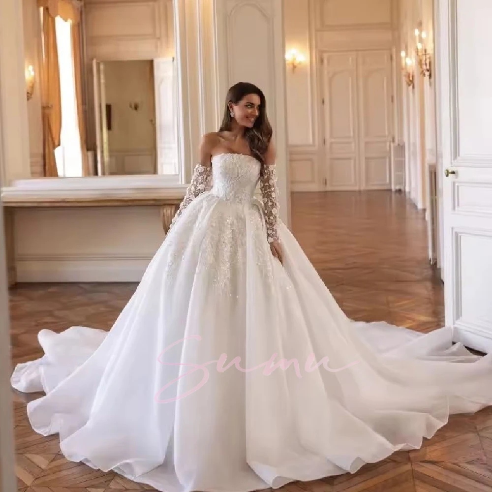 فستان زفاف أنيق مخصص بدون حمالات فستان منتفخ رسمي بأكمام طويلة estidos de novia amanda novias amanda novias #3