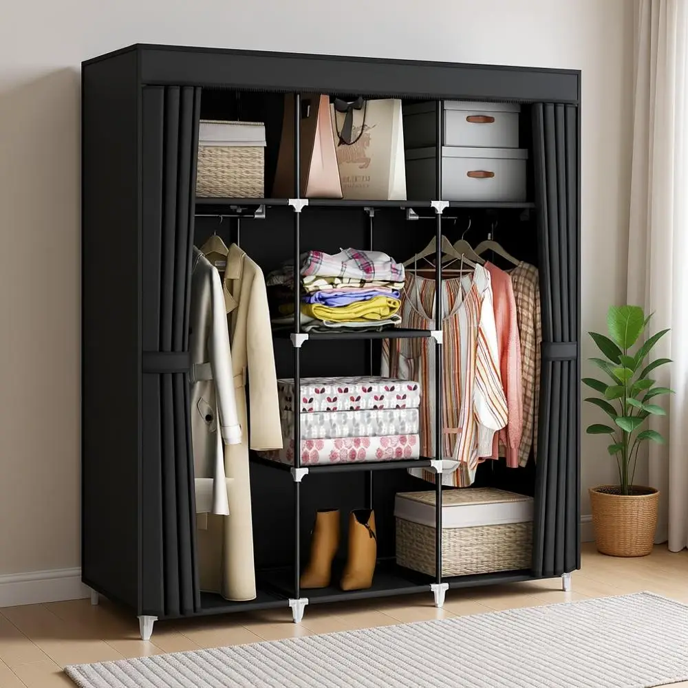 51 Tragbarer Kleiderschrank-Organizer mit 2 Stangen und 8 Regalen, Vliesstoff, ideal für mittlere Aufbewahrungskapazität im Schlafzimmer oder Wohnzimmer