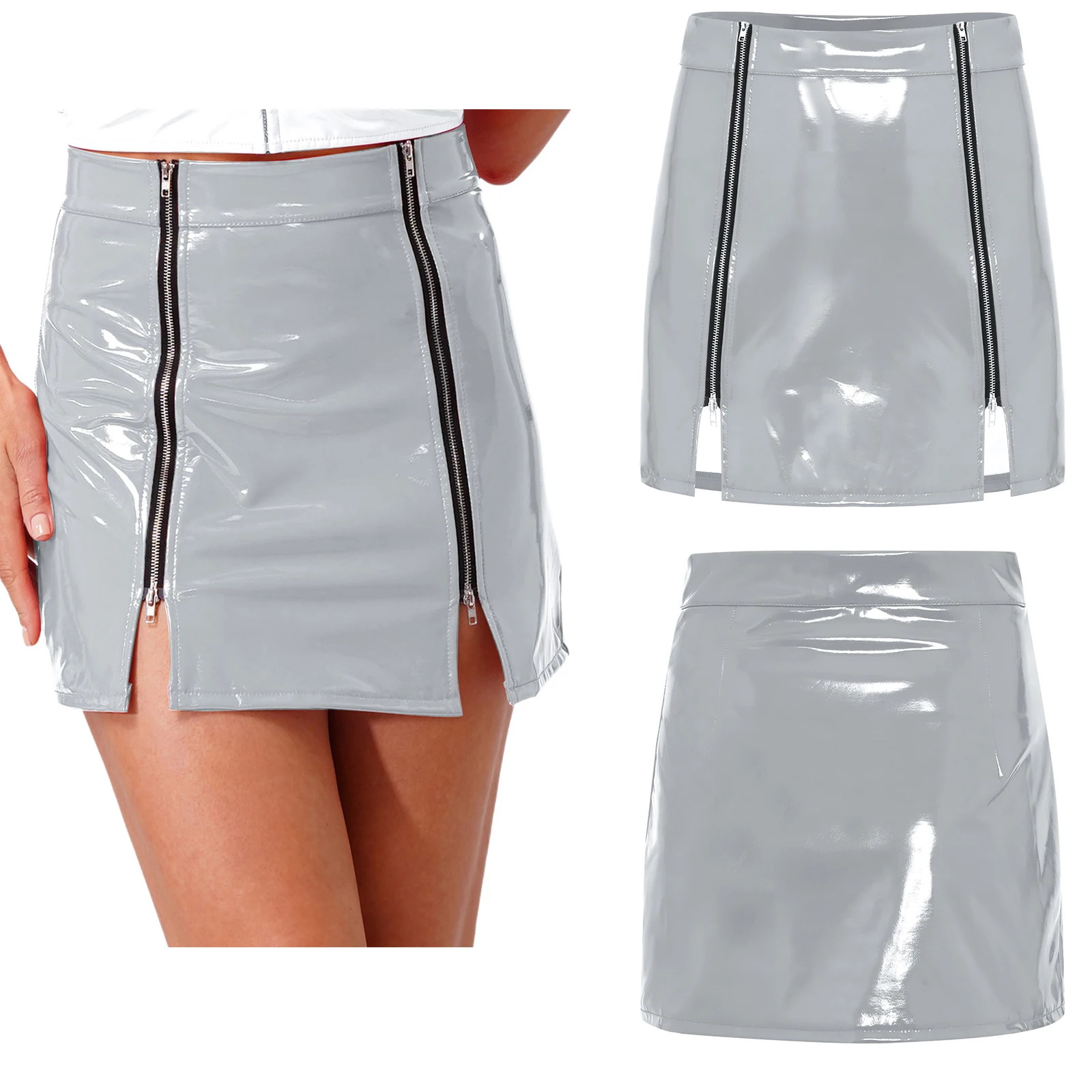 Women's High Waist A-line Mini Skirt Wet Look Leather Slit Hip Huggins Skirt for Summer High Look Raves Party Daily Outfits