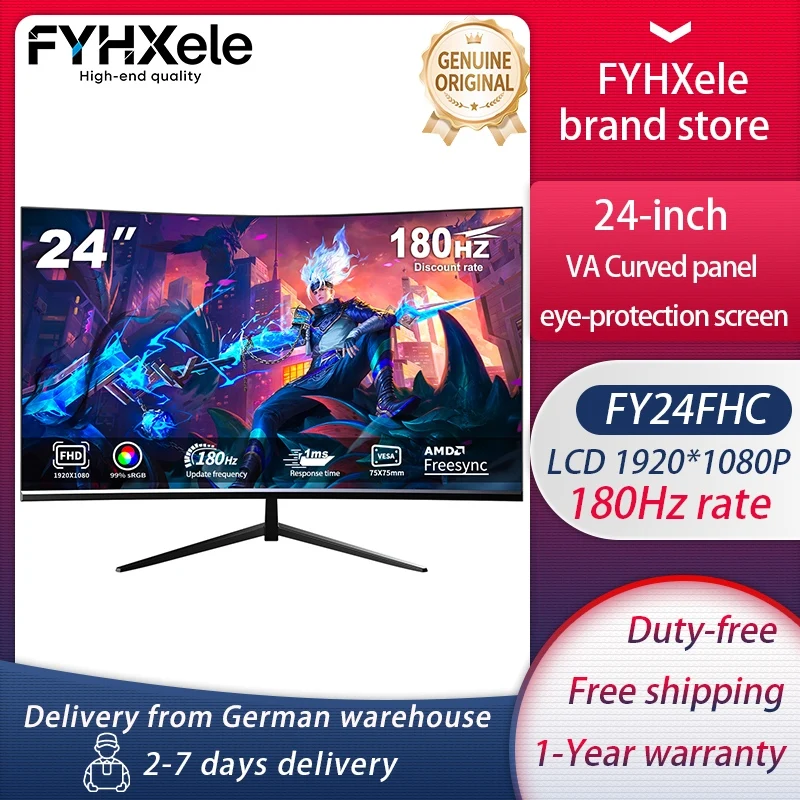 Monitor de computadora FYHXele de 24 pulgadas, pantalla LCD de 1920*1080P, panel curvo VA 2800R para juegos y trabajo de oficina, frecuencia de 180Hz, AMD Freesync, tiempo de respuesta ultrarrápido de 1ms, VESA 75*75 con altavoz, protección ocular con luz azul reducida, adecuado para uso prolongado.