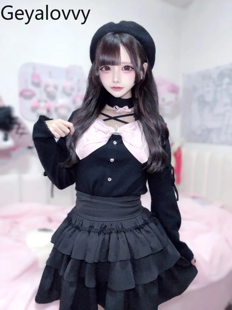 

2026 New Japanese-style Mass-produced Sweet Cute Girl's Bow-knot Knitted Pullover and High-waisted Short Cake Skirt Set