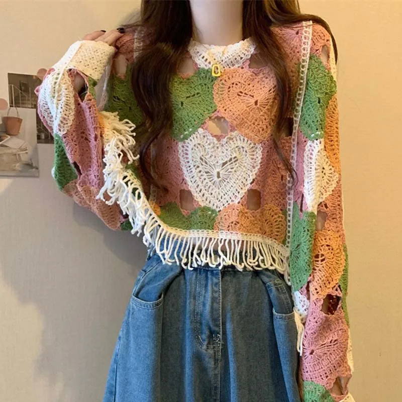 Boring Honey New Design Feels Crocheted Hollow T-Shirt Tassel Loose Sweater Top Fashion O-Neck Bat Sleeve Long Sleeve Top Women 3