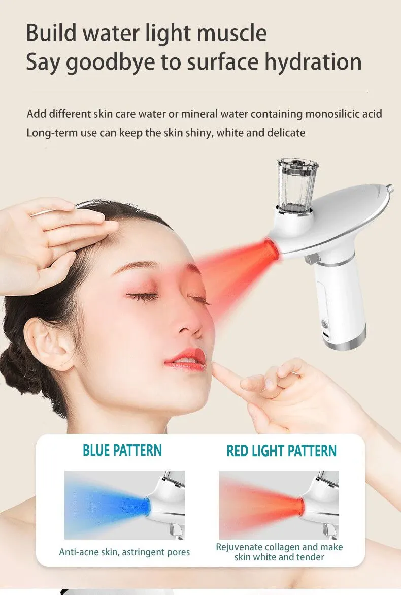 Nébuliseur d'eau portable pour aérographe, lumière rouge et bleue lisse, rajeunissement de la peau, injecteur d'oxygène, compteur d'oxygène, pulvérisateur de beauté du visage