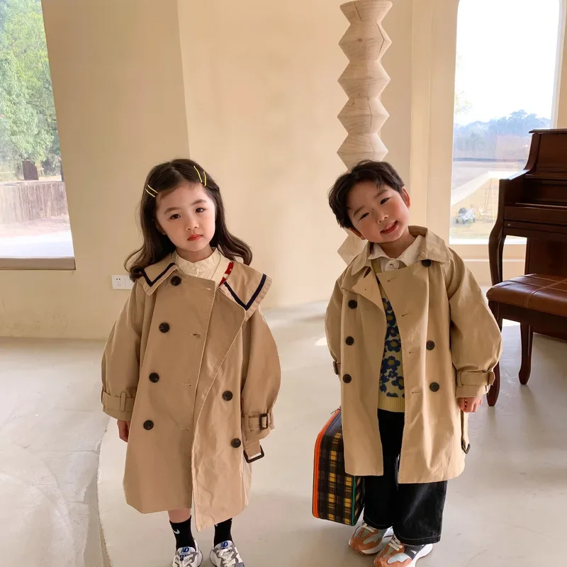 

Children Trench 2024 Spring Autumn Boys Girls Korea Solid Color Long Trench Fashion Casual Turn Down Collar Girls Trench Coat