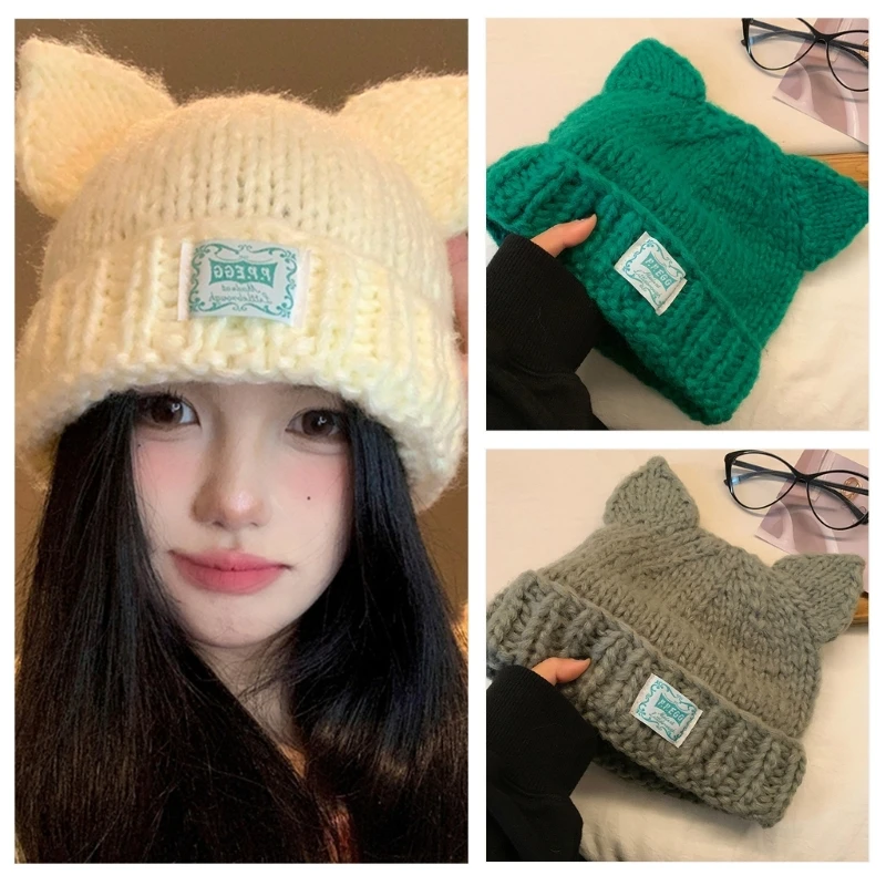 95AB Gorro invierno ganchillo para mujer, gorro tejido con orejas gato, gorro nieve para niña, esquí y ciclismo