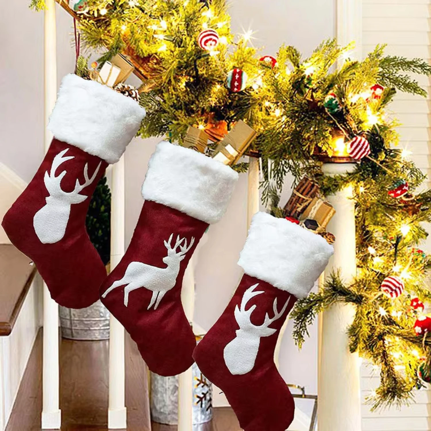 Socks   Elk Xmas Tree Deer Printing Pocket Hanging Ornament New Year 2023 Christmas Decorations Christmas decor pink Gnomes Elf